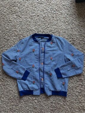 Lipstick Boutique Blue Gingham Embroidered Floral Bomber Jacket Women’s Small